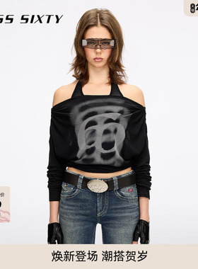 【杨幂同款】Miss Sixty2026春季新款T恤一字领露肩印花挂脖上衣