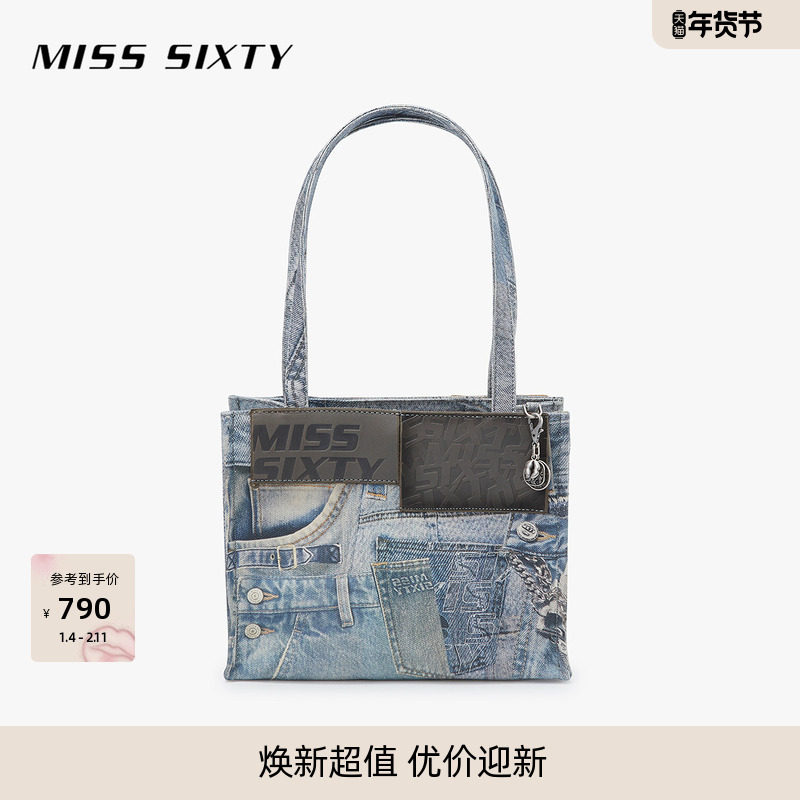 Miss Sixty2025春秋新款托特包女帆布牛仔印花复古皮牌设计感单肩,箱包皮具/热销女包/男包,腋下包,淘宝优惠券,粉丝福利购,淘宝优惠卷