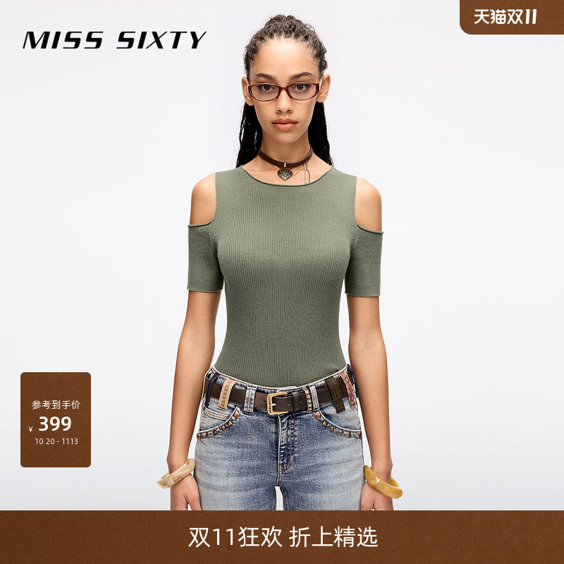 Miss Sixty2026夏季羊毛针织衫女钻饰露肩短袖显瘦短款
