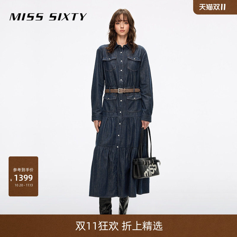 Miss Sixty2026秋季新款牛仔连衣裙女附腰带复古工装蛋糕裙长裙