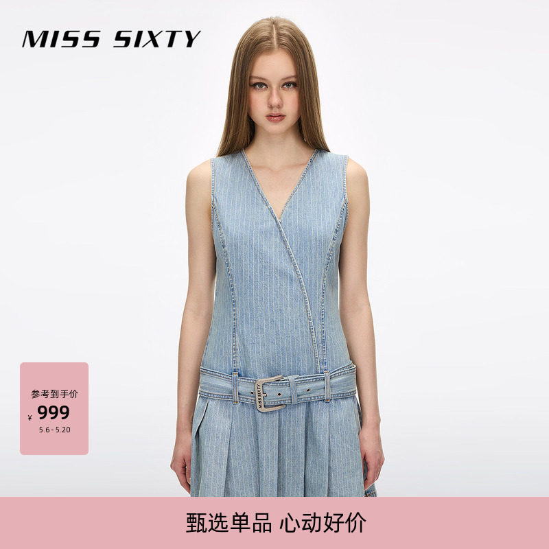 Miss Sixty2026夏季新款牛仔连衣裙女V领无袖附腰带条纹百褶短裙