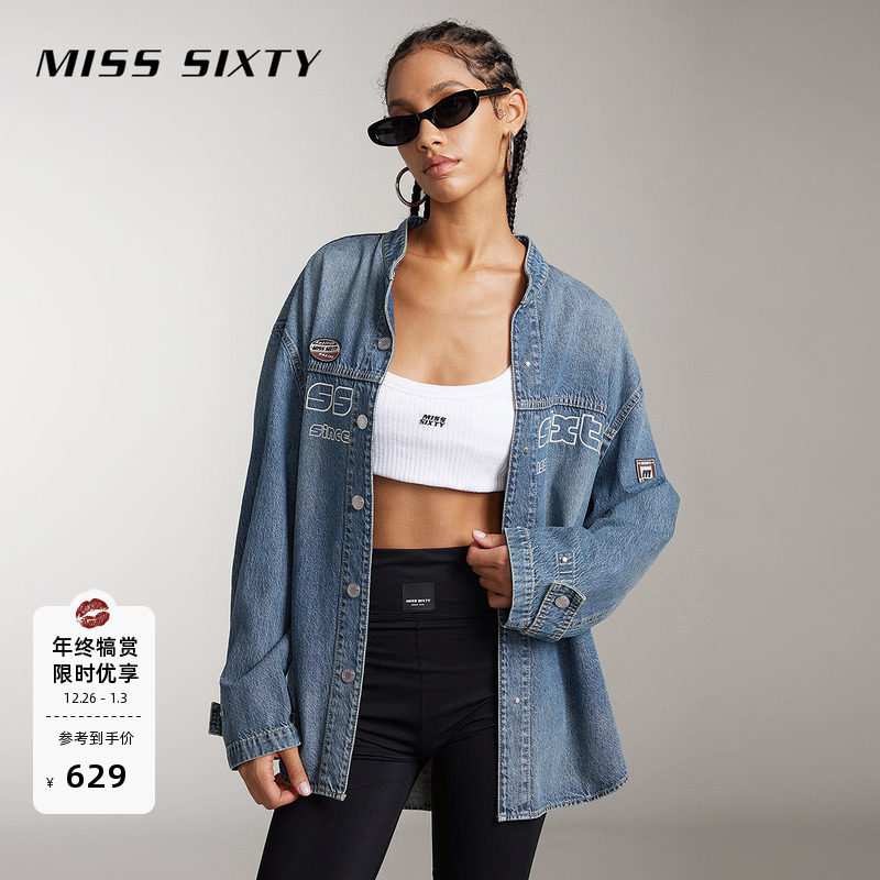 Miss Sixty牛仔衬衫复古显瘦百搭女长袖宽松中长款赛车风印
