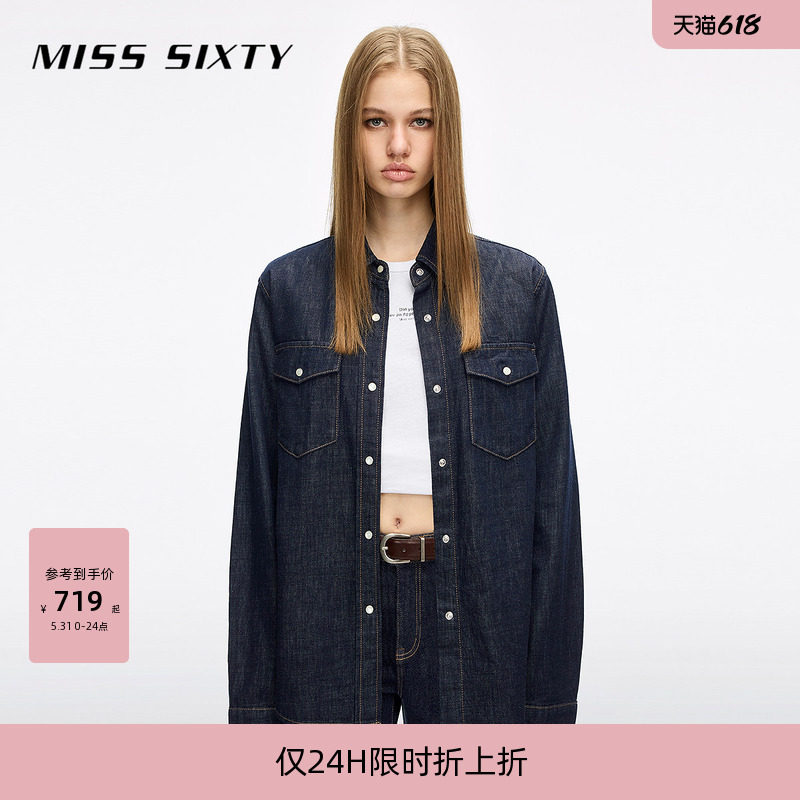 【限时折上折】Miss Sixty26春夏新款牛仔衬衫翻领工装口