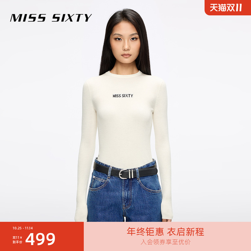 Miss Sixty25秋新款针织衫女圆领修身羊毛桑蚕丝混纺提花上衣毛衣