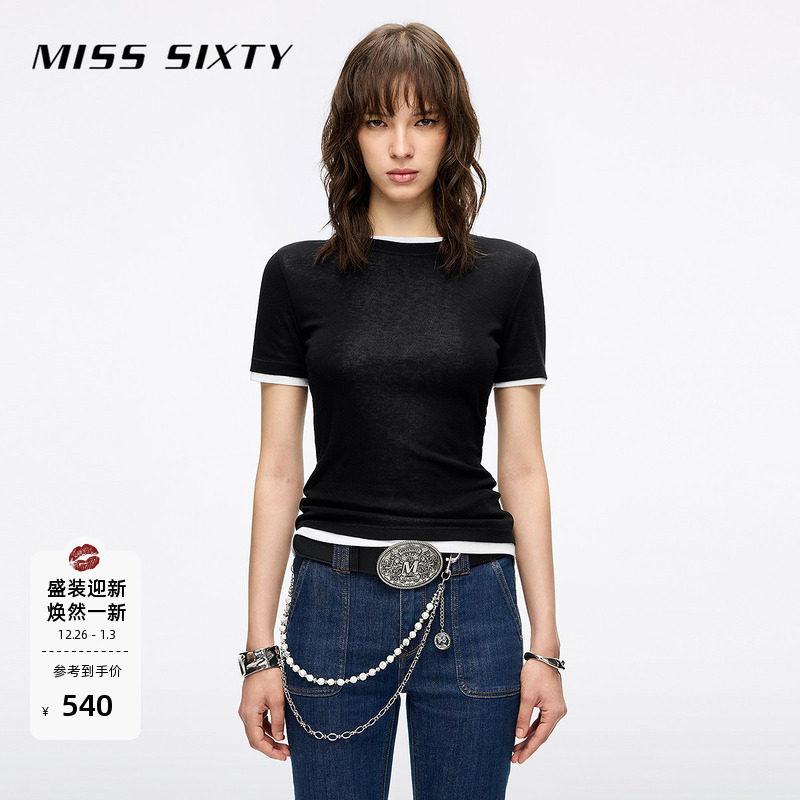 Miss Sixty2025秋季新款短袖T恤女圆领撞色两件套显瘦