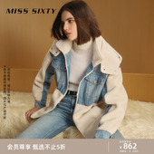 Miss 牛仔外套女夹棉拼接可拆帽保暖双向拉链 Sixty时尚