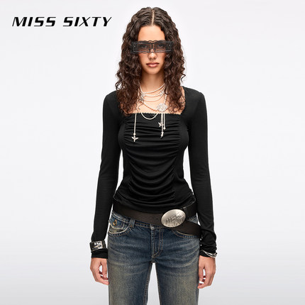 Miss Sixty2026春季新款T恤女含莱赛尔羊毛法式方领褶皱气质上衣