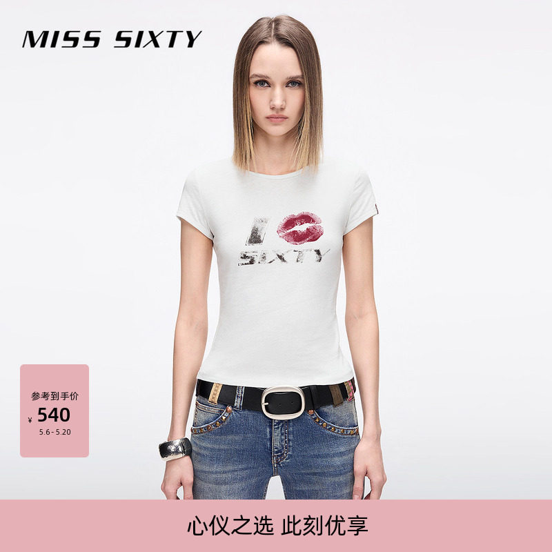 Miss Sixty2026夏季短袖棉麻正肩T恤女复古印花修身短