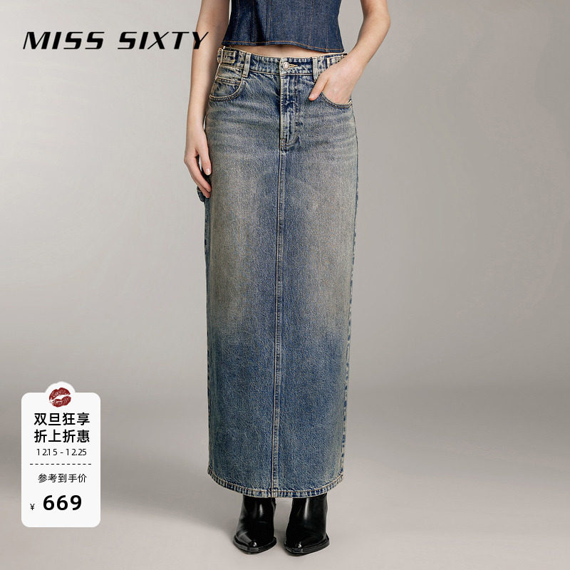 Miss Sixty牛仔半身裙女低腰开衩工装裙复古做旧洗水长裙直