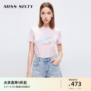 甜美风减龄小清新印花 Miss SixtyT恤女圆领显瘦正肩钉珠字母短袖