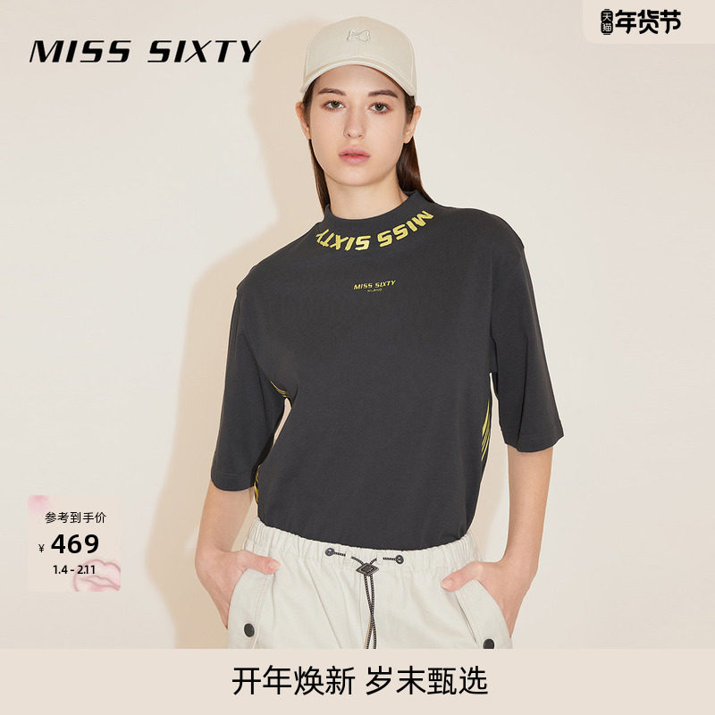 Miss Sixty含桑蚕丝T恤半高领短袖撞色印花休闲运动风上衣