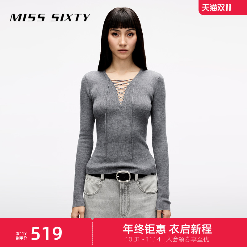 [大领口]Miss Sixty25春秋针织衫系带羊毛桑蚕丝混纺设计休闲毛衣