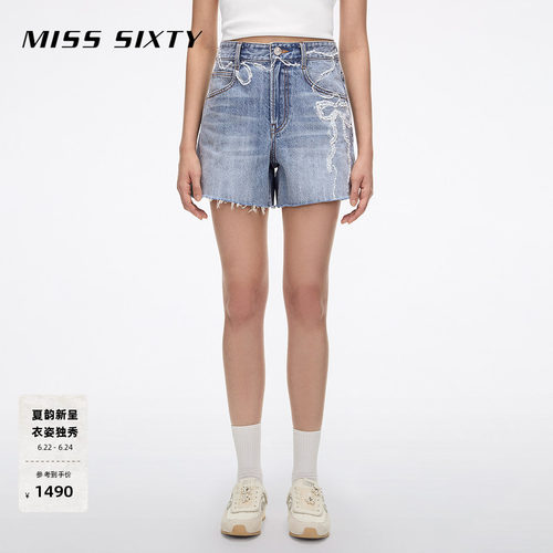 MissSixty蕾丝钉珠牛仔短裤
