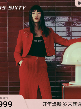 【新年穿搭】Miss Sixty羊毛花呢外套女复古国风大红色重工钉珠片