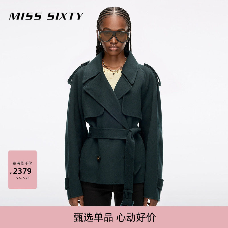 Miss Sixty冬季羊毛呢外套女外搭双排扣配腰带风衣高智感通