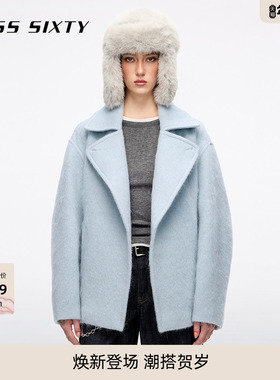 【保暖羊毛】Miss Sixty25冬新款气质蓝色呢外套女宽松配腰带氛围