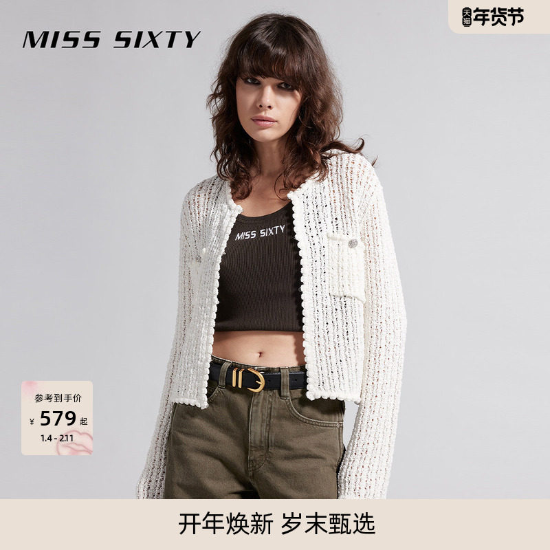 Miss Sixty针织衫上衣外套女圆领钻饰暗门襟短款修身显瘦镂空毛衣,女装/女士精品,毛针织衫,淘宝优惠券,粉丝福利购,淘宝优惠卷