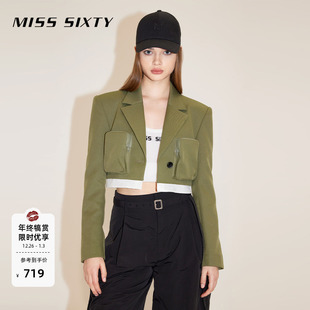 短款 Miss 风拼接修身 领垫肩一粒扣复古工装 潮酷 Sixty外套女西装