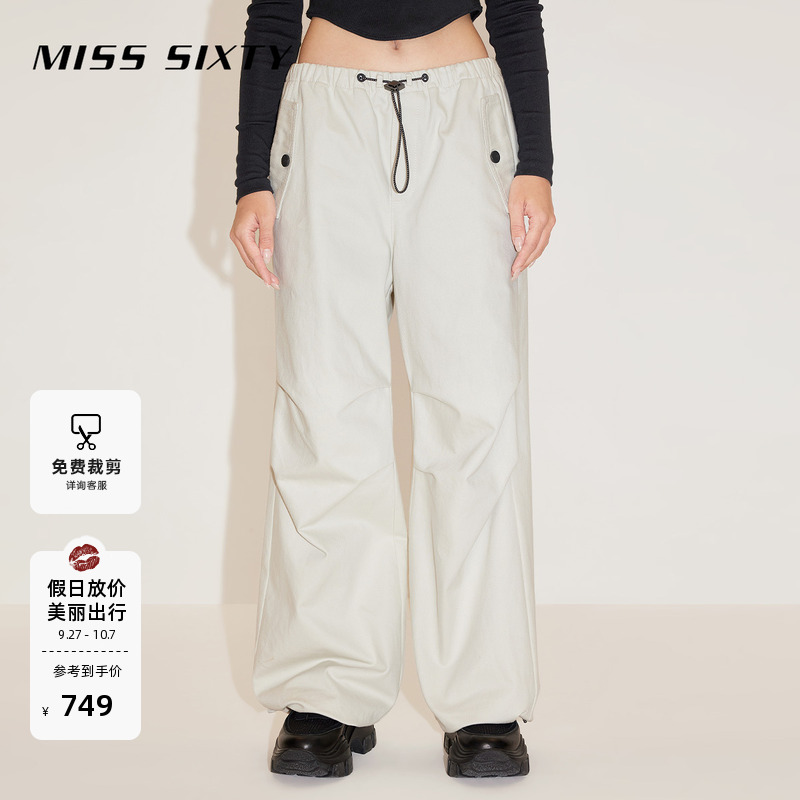 Miss Sixty灰白色牛仔裤复古显瘦百搭女抽绳束脚高腰工装裤休闲