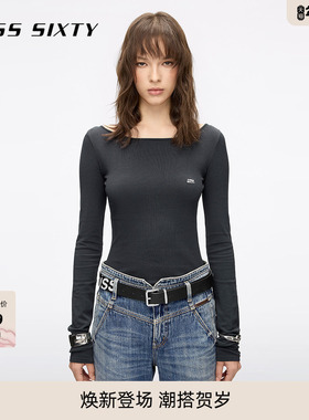 Miss Sixty25秋新款针织衫女大领口内搭刺绣显瘦短上衣打底衫毛衣