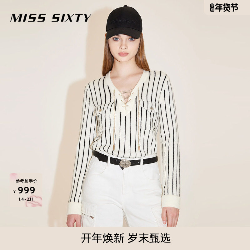 Miss Sixty羊毛针织衫女V领系带复古条纹短款上衣气质高智感毛衣,女装/女士精品,毛针织衫,淘宝优惠券,粉丝福利购,淘宝优惠卷