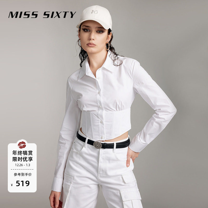 Miss Sixty长袖衬衫翻领收腰短款单排扣简约街头风百搭上衣
