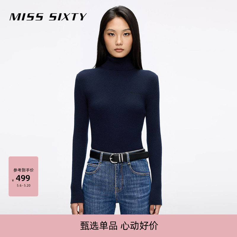 Miss Sixty秋季羊毛羊绒针织衫女气质上衣高领紧身长袖简约