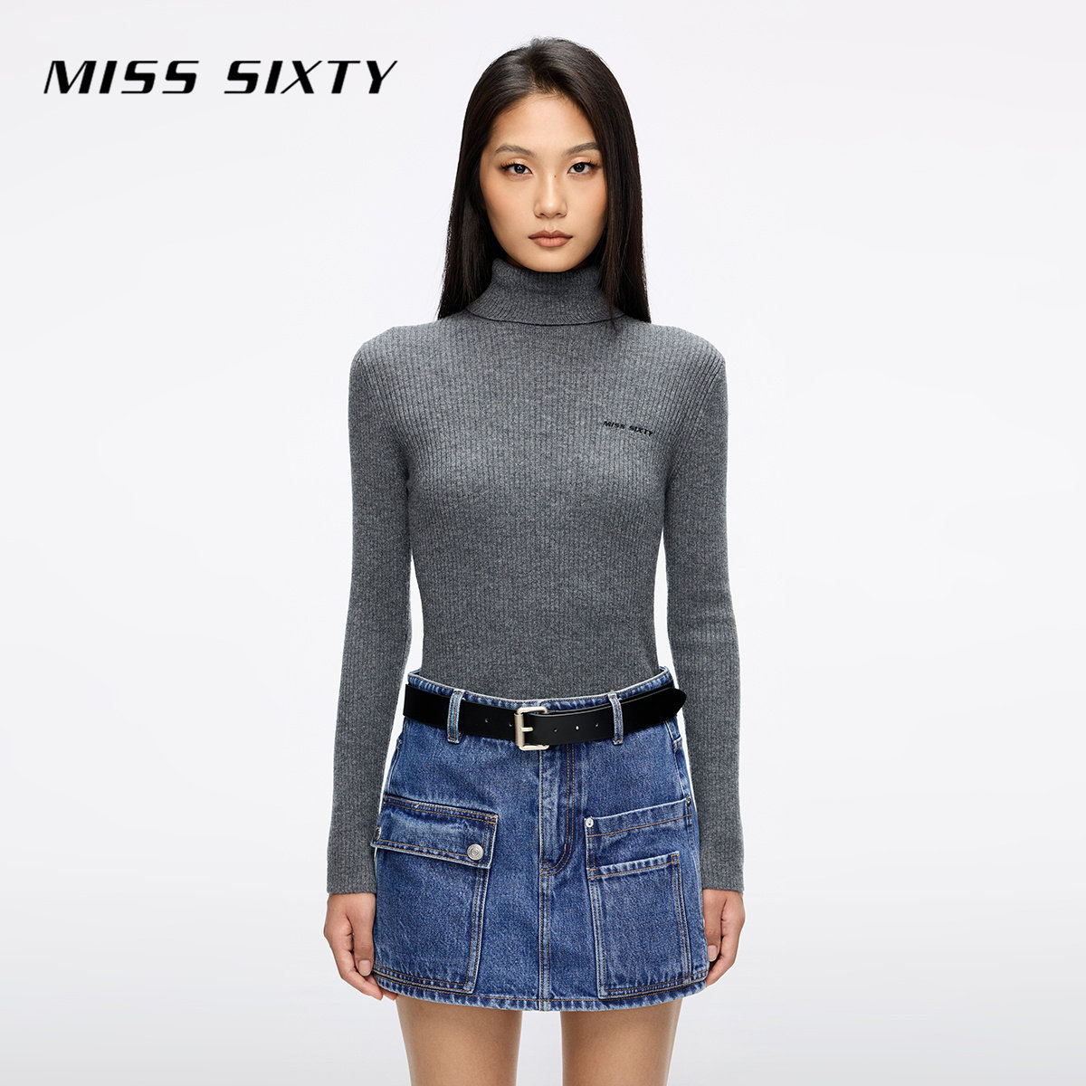 Miss Sixty26冬季羊毛羊绒针织衫女气质上衣高领紧身长袖简约刺绣