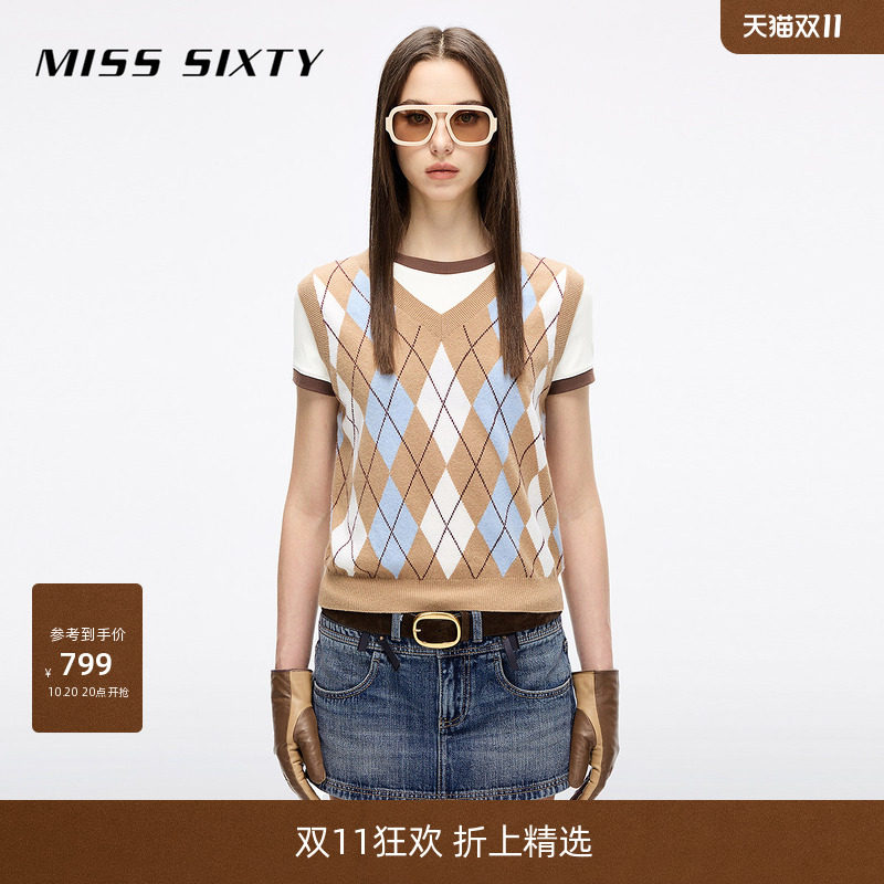 Miss Sixty秋季针织背心女气质V领复古菱格纹羊毛羊绒混纺上衣