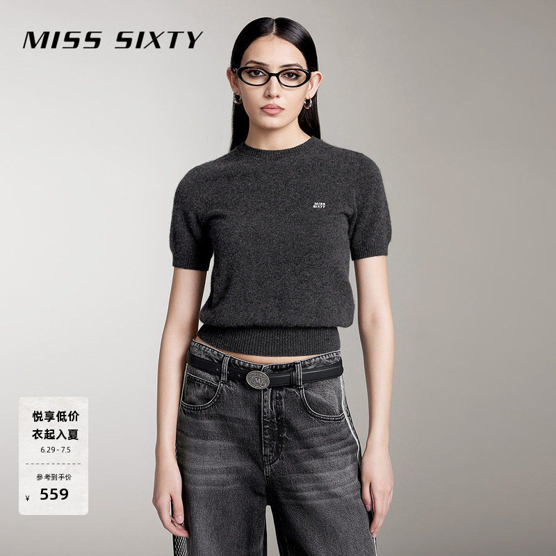 【100%山羊绒】Miss Sixty羊绒衫女圆领短袖针织衫上衣