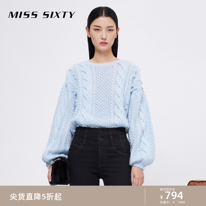 Miss Sixty毛衣女圆领麻花纹理纯色落肩复古慵懒松弛感上衣保暖