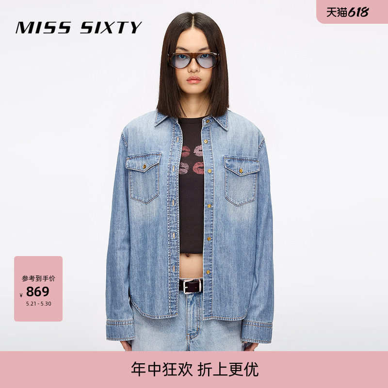 Miss Sixty秋季复古牛仔衬衫女翻领长袖中长款单排扣做旧洗