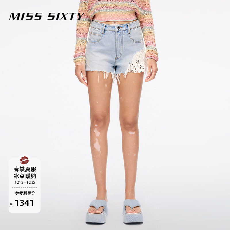 Miss Sixty2025夏季新款牛仔短裤女高腰显瘦破洞钩花波