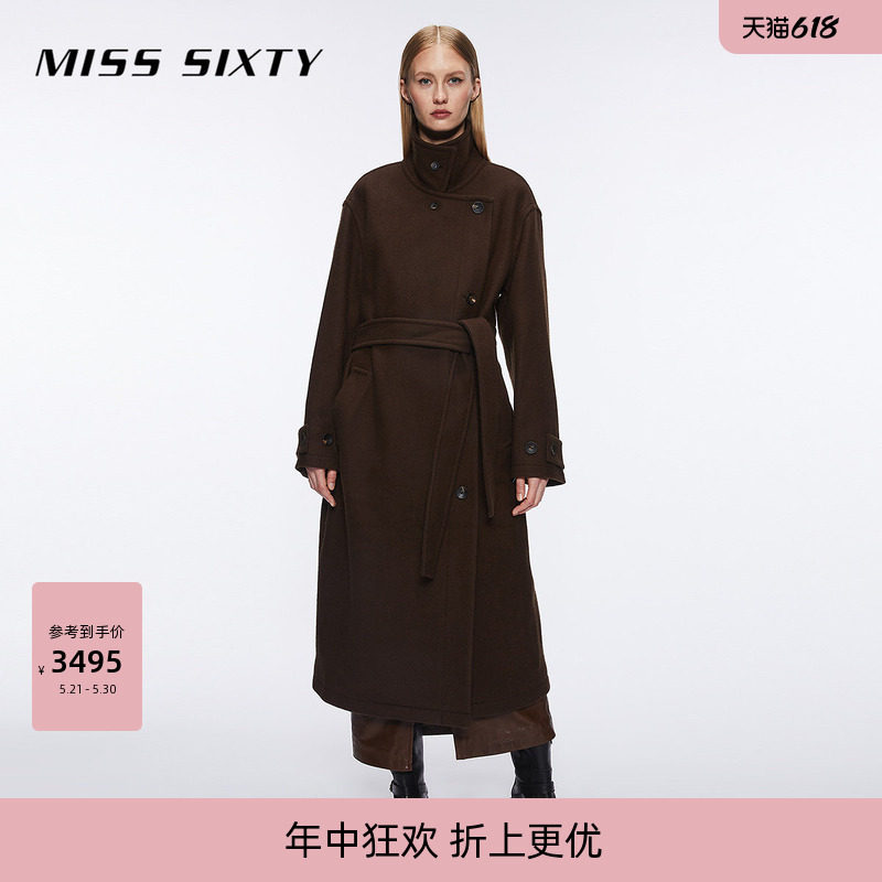 Miss Sixty棕色绵羊毛呢大衣女高级感气质附腰带通勤长款外