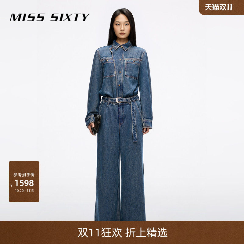 Miss Sixty2026夏季牛仔连衣连体裤女配腰带长袖复古工