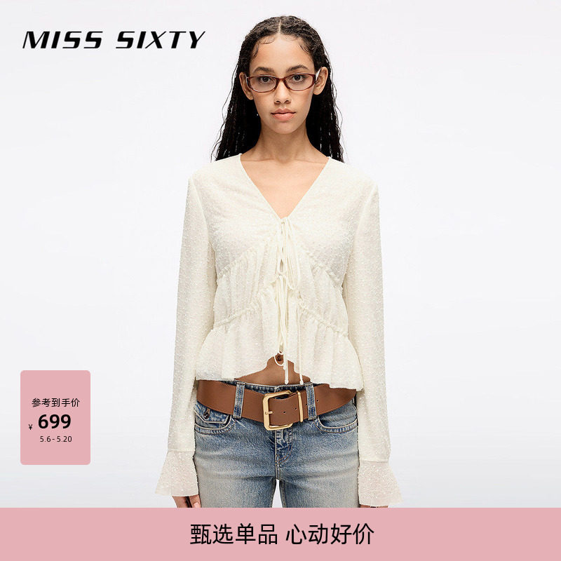 Miss Sixty2026春夏衬衫V领系带荷叶边雪纺珠片绣短款