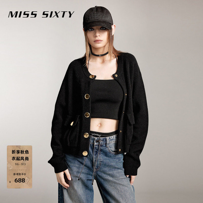 Miss Sixty绵羊毛针织衫外套女圆领纽扣短款简约小香风毛衣开衫