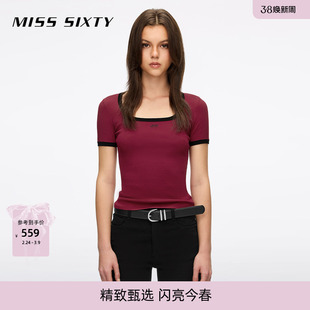 Miss Sixty2026春季新款针织衫女撞色方领徽标刺绣修身短款上衣