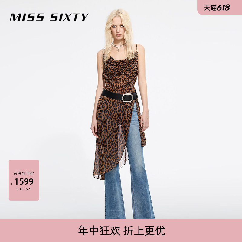 【含桑蚕丝】Miss Sixty春夏无袖连身连衣裙女吊带豹纹不规则叠穿