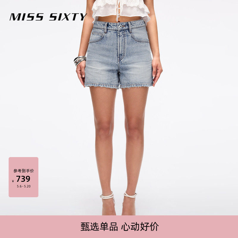 Miss Sixty夏季复古显瘦百搭牛仔短裤女钉珠绣花高腰磨破设