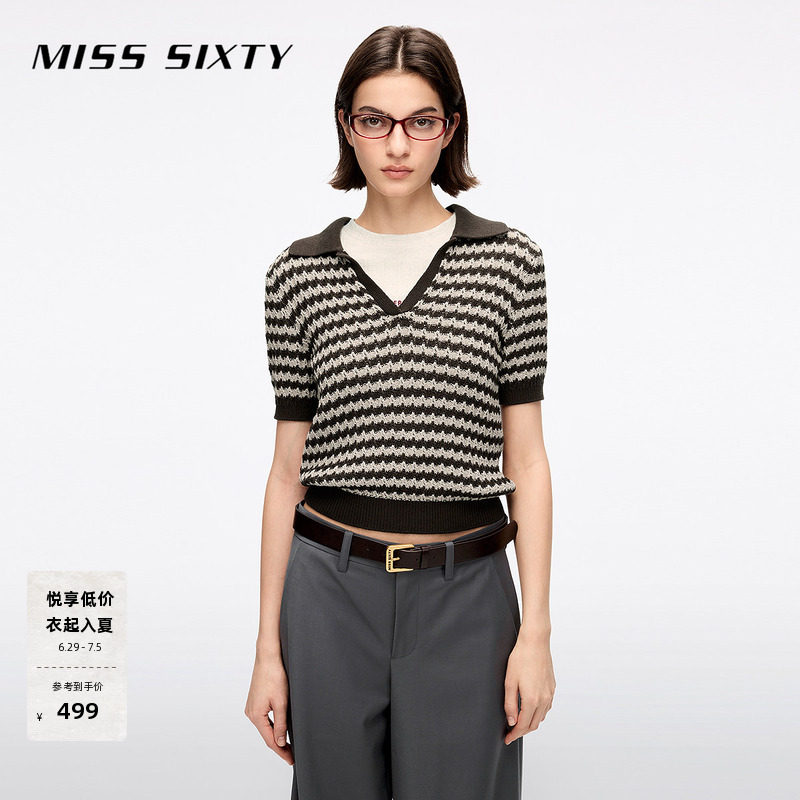 Miss Sixty夏针织衫女上衣气质V领复古条纹高智感短款薄款