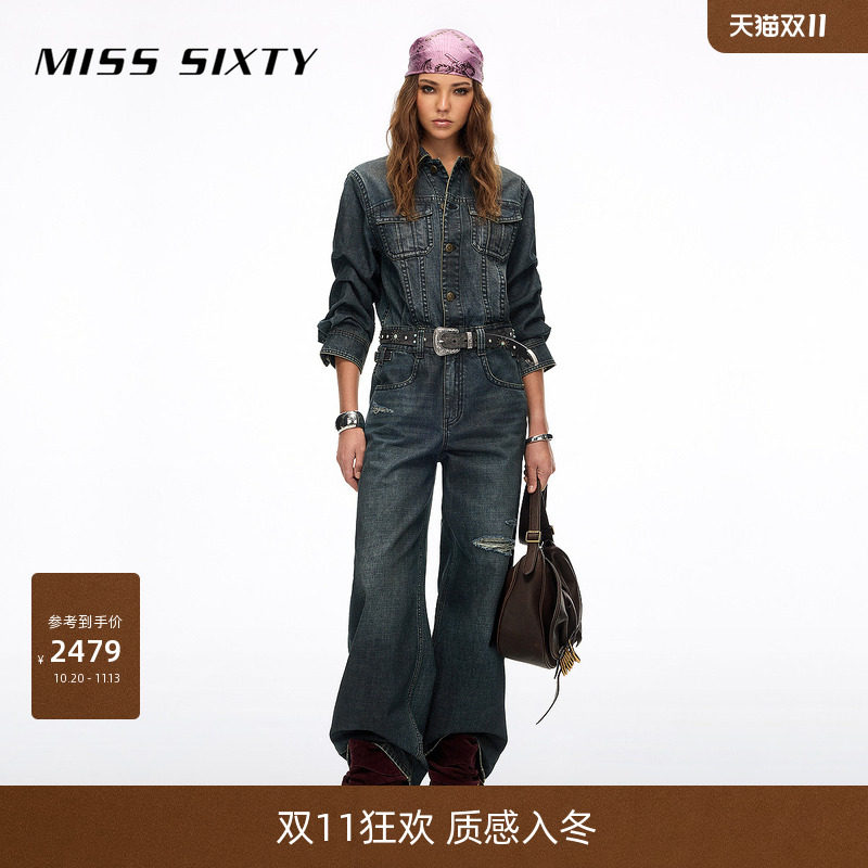 Miss Sixty2026秋季新款牛仔连体裤女复古扣袢破洞刺绣