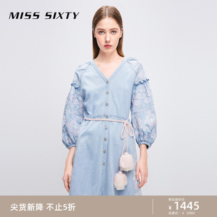 波希米亚风刺绣系带流苏 度假连衣裙女灯笼袖 Sixty牛仔裙法式 Miss