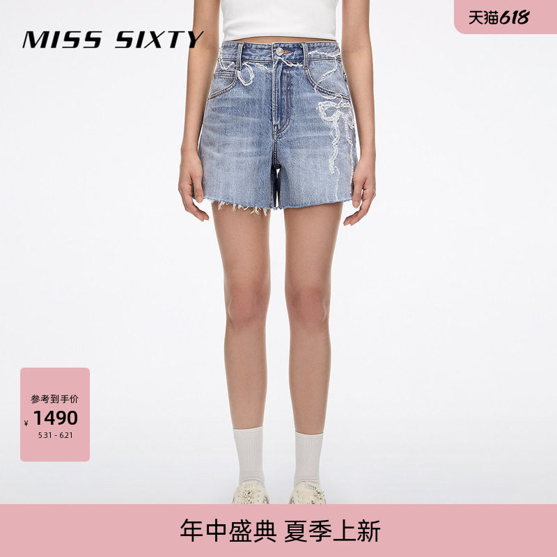 Miss Sixty2026夏季新款牛仔短裤女珍珠蕾丝蝴蝶结磨毛须显瘦裤子