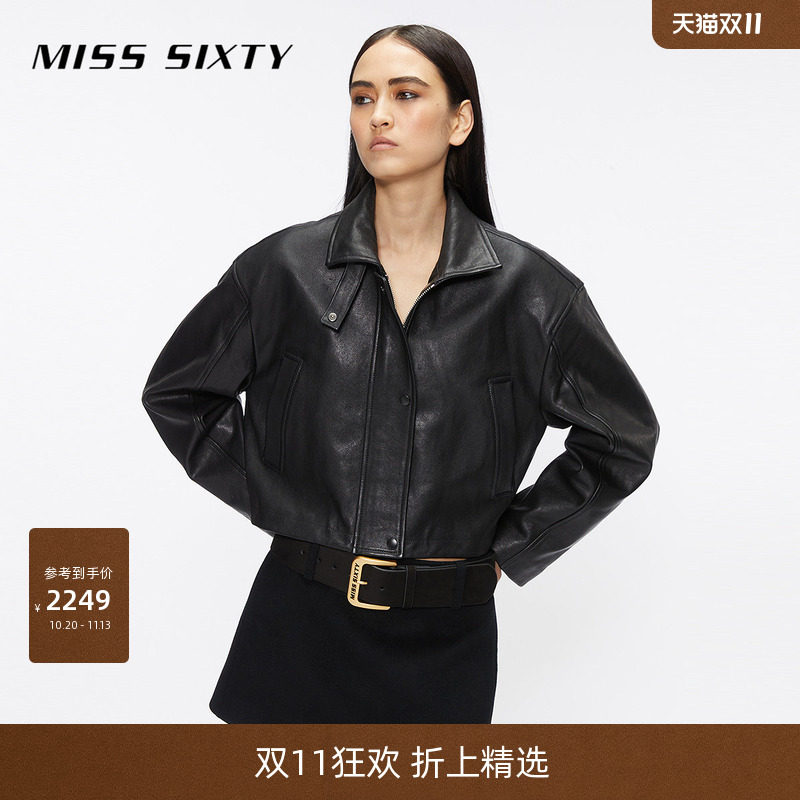 Miss Sixty皮衣真皮外套女羊皮革翻领宽松短款拉链复古机车