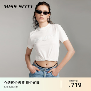 新款 T恤女短袖 Sixty2024夏季 Miss 半高领logo绣花百搭休闲风