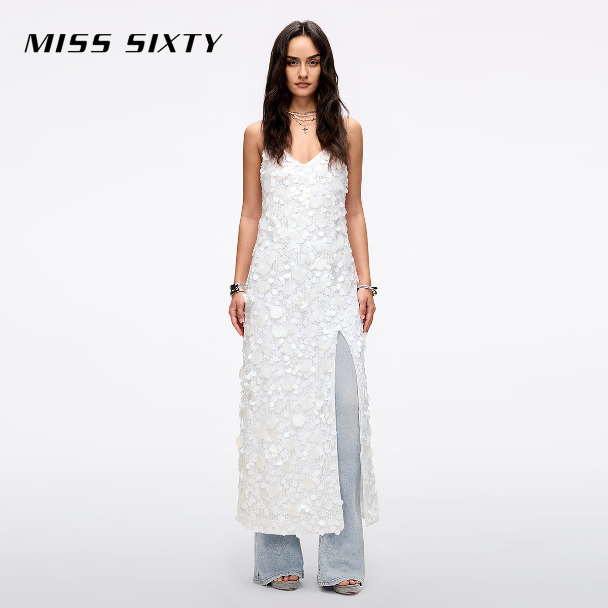 Miss Sixty夏连身连衣裙女吊带重工珠片绣高级感度假风海边穿搭