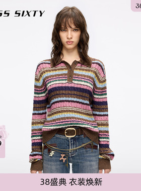 Miss Sixty2026春季混纺针织衫女Polo领彩色条纹短款上衣毛衣