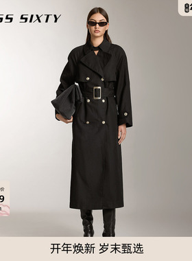 Miss Sixty双排扣大衣女配腰带翻领通勤黑色高级感长款英伦风衣