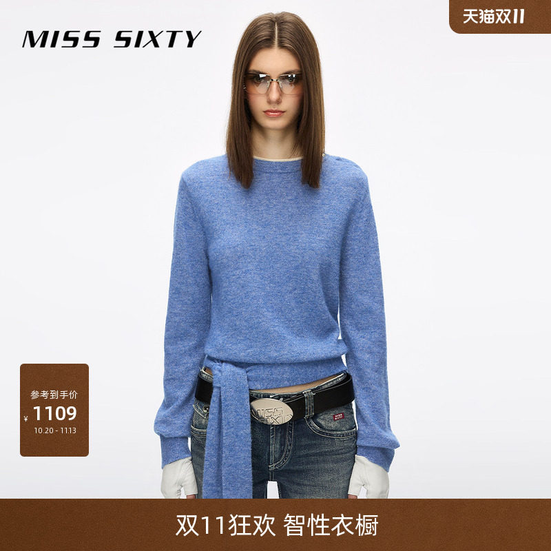 Miss Sixty2026冬季含羊驼毛针织衫女圆领细闪假两件绑带毛衣上衣